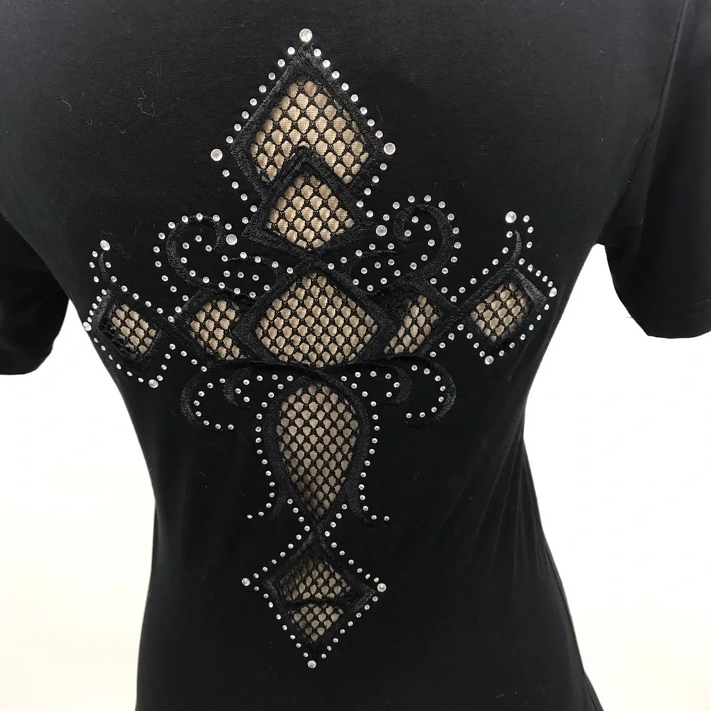 Tee Black Small Mesh See Through Cross Short Sleeve Rhinestones Biker Sexy NWT S - Picture 5 of 7